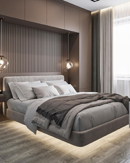 Елегантне паряче ліжко з тканинним узголів'ям в сучасній спальні 2026.