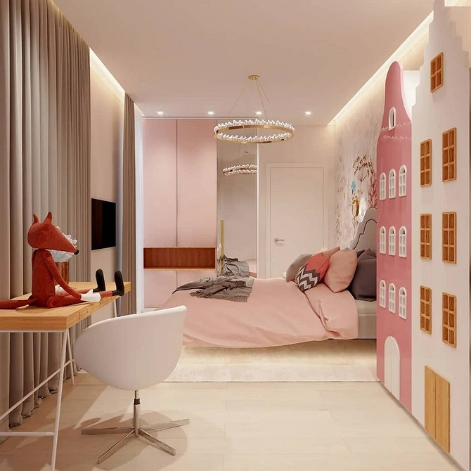 Затишна атмосфера в спальні з підсвіченим підвісним ліжком, скандинавський стиль, тепло та комфорт.