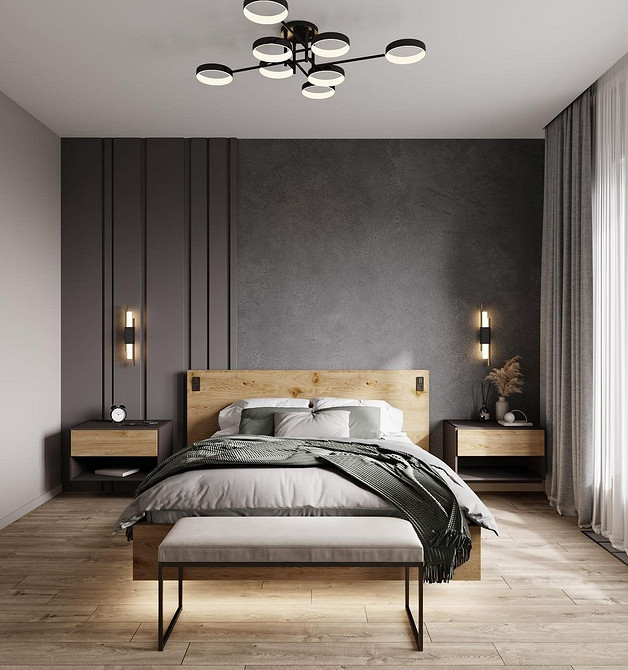 Сучасне підвісне ліжко в мінімалістичній спальні, дизайн 2026, підкреслює комфорт та стиль.