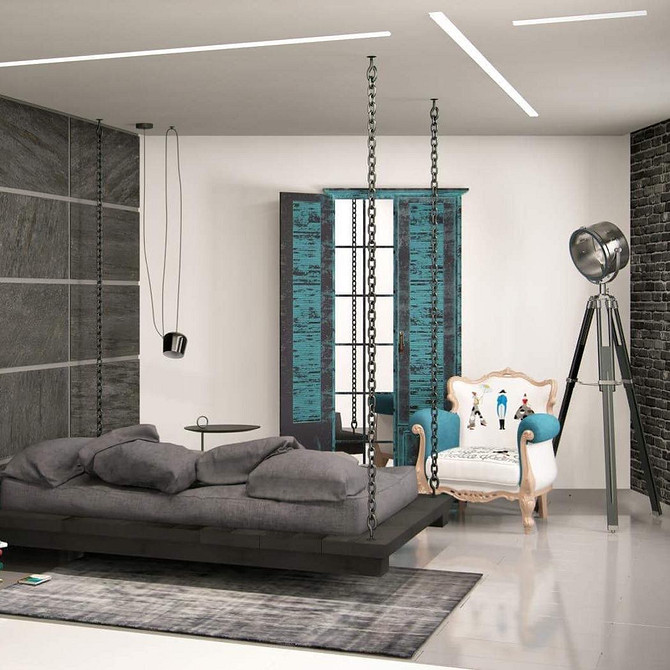 Мінімалістична спальня з підвісним ліжком та дерев'яними елементами дизайну.