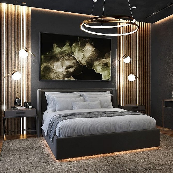 Простора спальня з великим парячим ліжком 2026 та панорамним вікном.