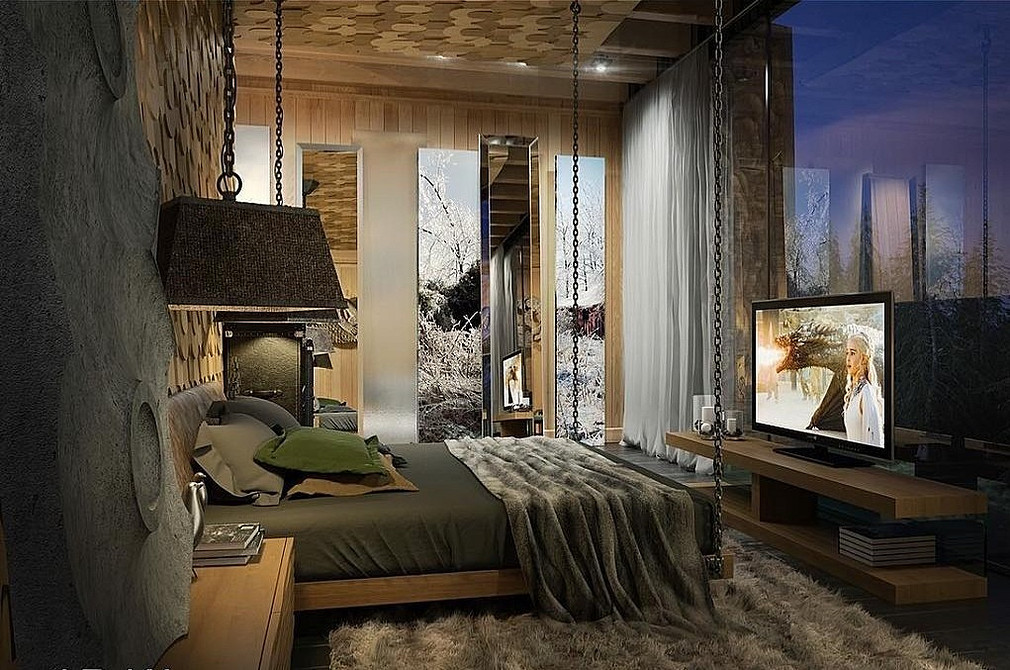 Затишна спальня з підвісним ліжком у теплих тонах та м'яким освітленням.