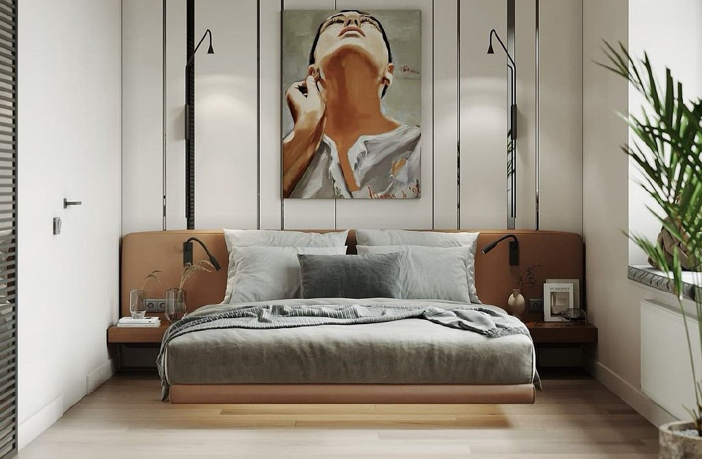 Спальня в індустріальному стилі з підвісним ліжком та металевими елементами.