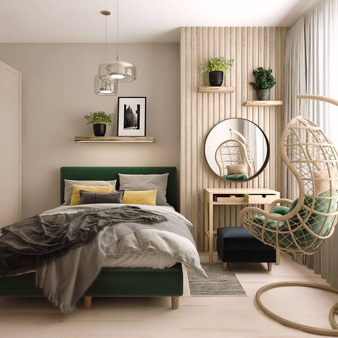 Релакс у коконі Затишне підвісне крісло-кокон у вітальні: ідеальне місце для відпочинку та читання.