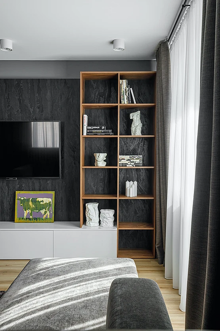 Сучасні полиці у вітальні з мінімалістичним дизайном. Стиль та функціональність в одному.