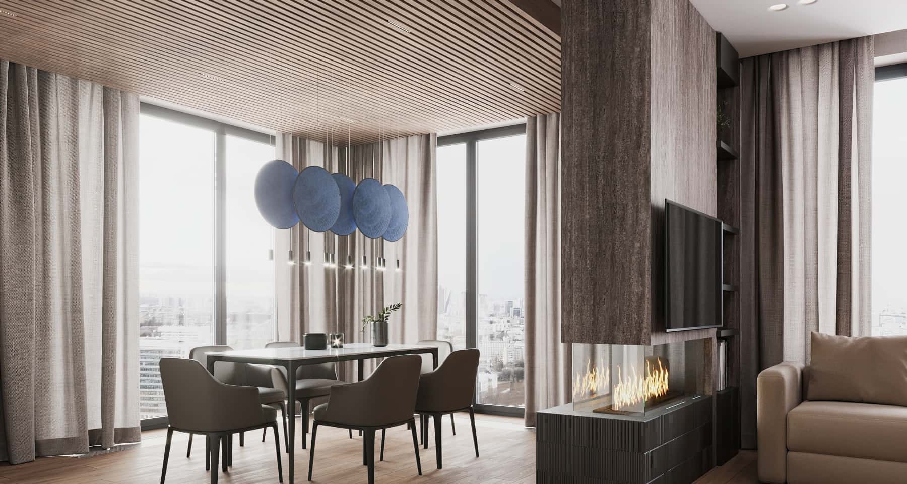 Еклектична вітальня 2025 з зонуванням та акцентом на природні матеріали в дизайні.