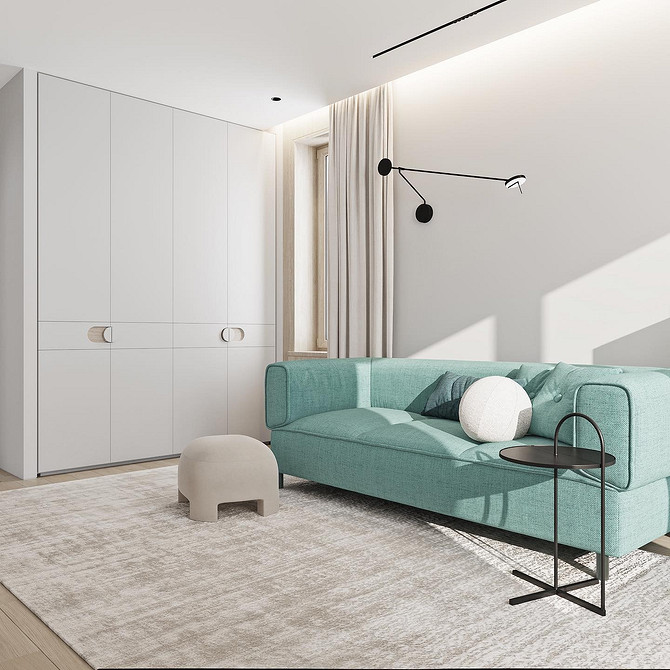 Сучасний дизайн Сучасний дизайн ахроматичного дивану в інтер'єрі вітальні: прості форми та світлі відтінки.