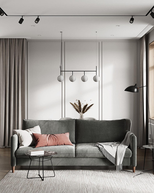 Шкіряний диван Ахроматичний шкіряний диван з натуральної шкіри в сучасному дизайні інтер'єру вітальні.