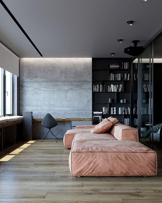 Мінімалізм Ахроматичний диван в стилі мінімалізму: прості лінії та функціональний дизайн для вітальні.