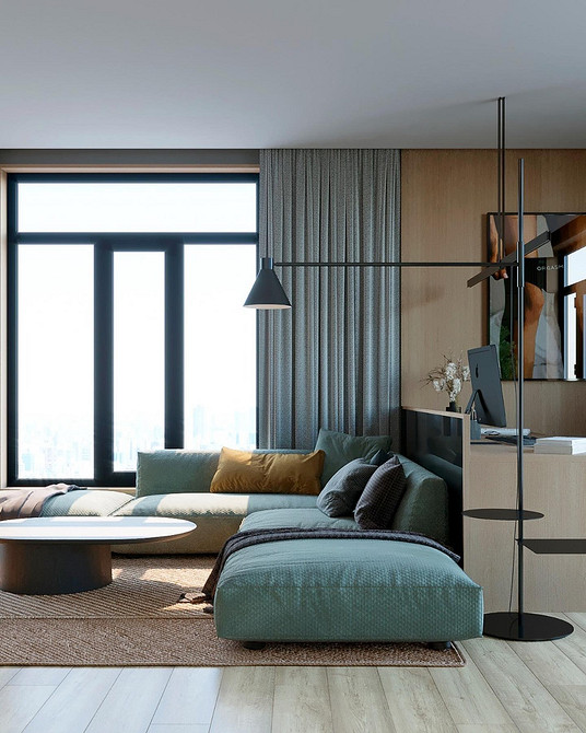 Сучасний кутовий диван у мінімалістичній вітальні, тренди 2026 року. Зонування простору.