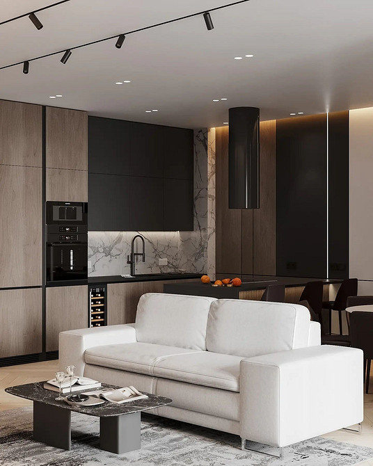 Сірий мінімалістичний диван, трендовий дизайн інтер'єру вітальні 2026.