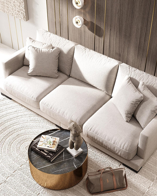 Сучасний диван Сучасний ахроматичний диван у вітальні з акцентними елементами, що додають контраст інтер'єру.