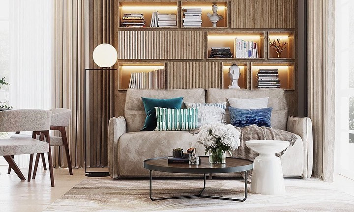 Природний диван 2026 Сучасний диван в природних тонах, частина тренду меблів 2026 для вітальні.