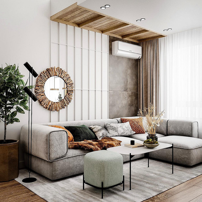 Скандинавський диван Скандинавський стиль: ахроматичний диван з натуральних матеріалів у світлому інтер'єрі кімнати.