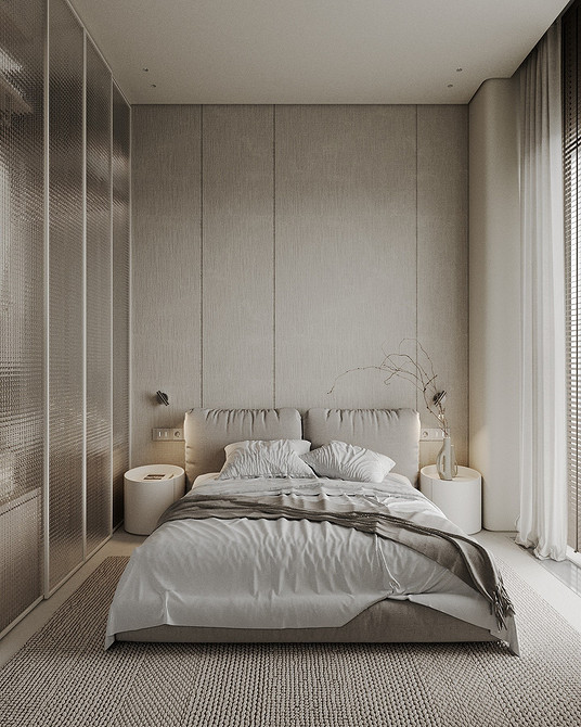 Мінімалістична спальня: стильне сіре ліжко з дерев'яними ніжками, тренд 2026.