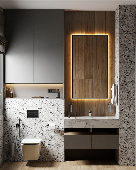 Стильна сіра тумба-раковина Сіра тумба з інтегрованою раковиною в мінімалістичному інтер'єрі сучасної ванної кімнати.