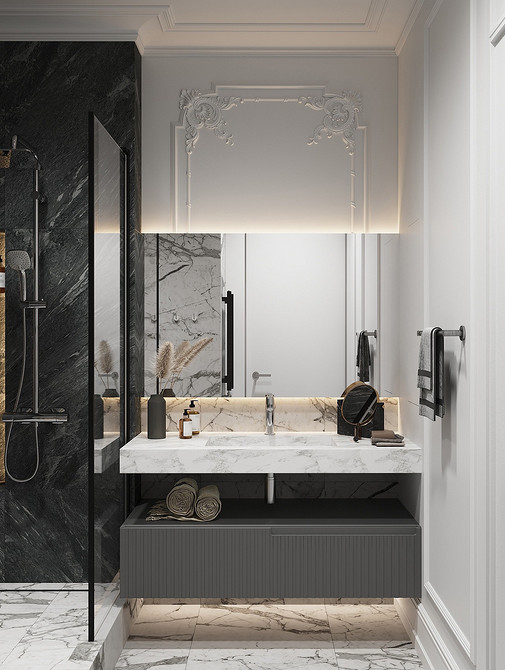 Сучасна ванна в сірих тонах Сучасний дизайн ванної кімнати з сірою плиткою, сірими меблями та мінімалістичним декором.