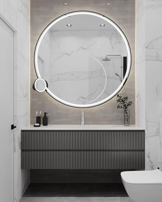 Текстура сірих меблів Ванна кімната в спокійних сірих тонах, де текстура меблів грає ключову роль.