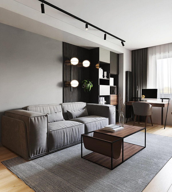 Затишний інтер'єр з сірими меблями: спальня в скандинавському стилі з сірим ліжком і текстилем.