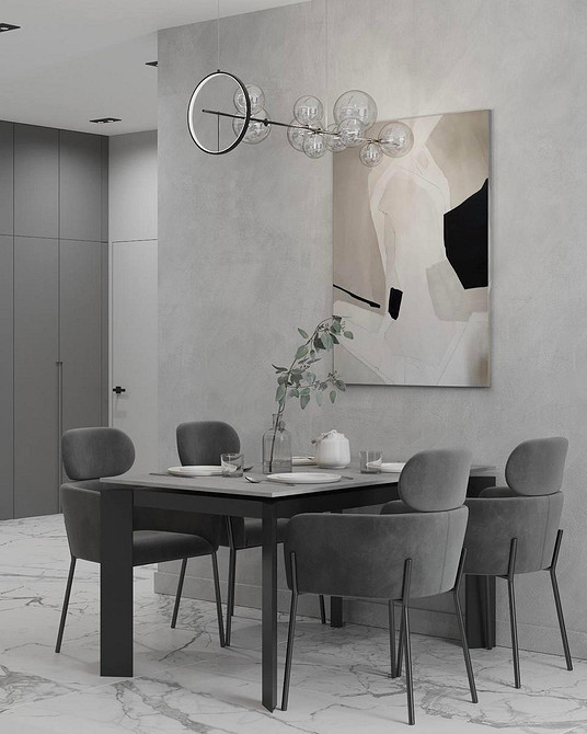 Скандинавський стиль: сірі меблі в інтер'єрі з додаванням яскравих акцентів та текстилю.