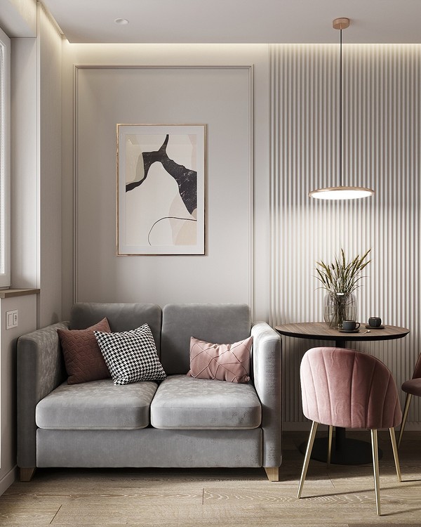 Сучасний інтер'єр з сірими меблями: мінімалістичний дизайн вітальні 2026 з акцентом на деталях.