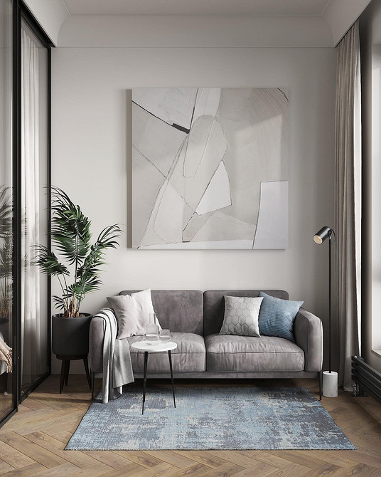 Вітальня з сірим кутовим диваном у сучасному дизайні 2026