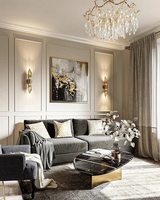 Сучасний інтер'єр вітальні з кутовим сірим диваном, журнальним столиком та килимом.