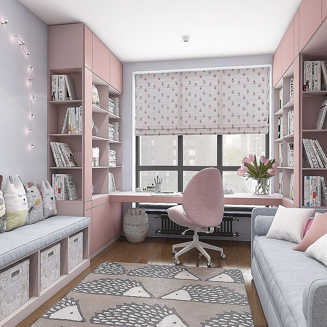 Дитяча кімната з сірим диваном і яскравим килимом на підлозі: дизайн інтер'єру.