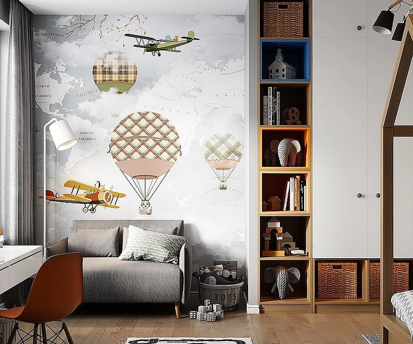 Сучасний сірий диван в дитячій кімнаті: елемент м'яких меблів для відпочинку.