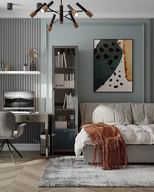 Інтер'єр дитячої кімнати з сірим диваном та декоративними елементами, дизайн дитячої кімнати