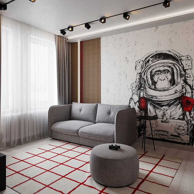 Функціональний сірий диван в зоні відпочинку для релаксації, універсальний диван