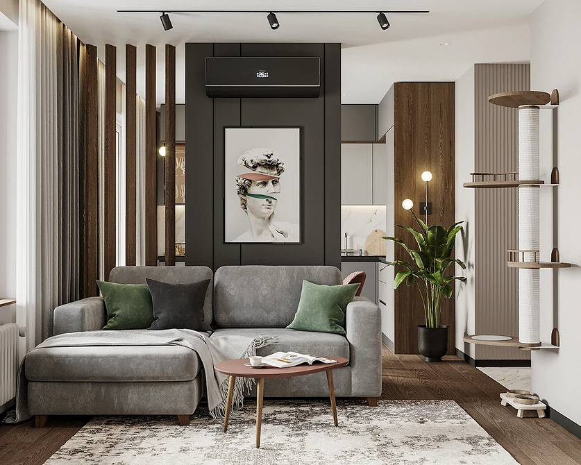 Сірий з акцентом Темно-сірий диван з акцентними жовтими подушками в інтер'єрі 2026