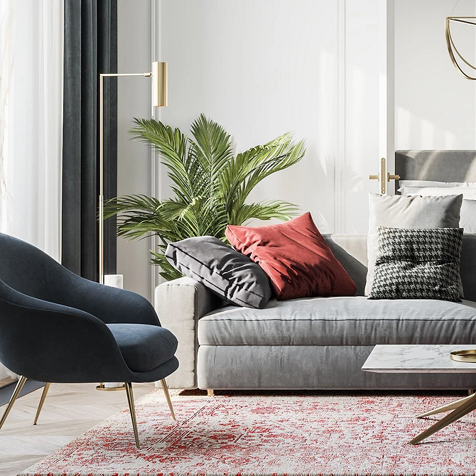 Стильний сірий диван в стилі лофт з цегляною стіною та металевими елементами декору.