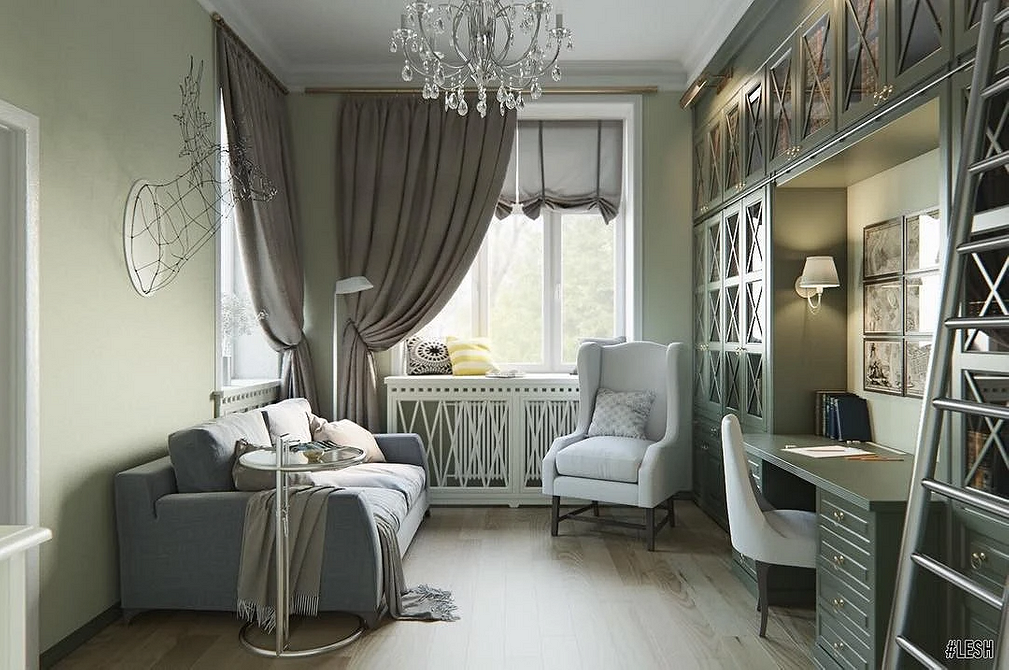 Елегантний сірий диван в кабінеті: стильний дизайн та комфорт для продуктивної роботи.