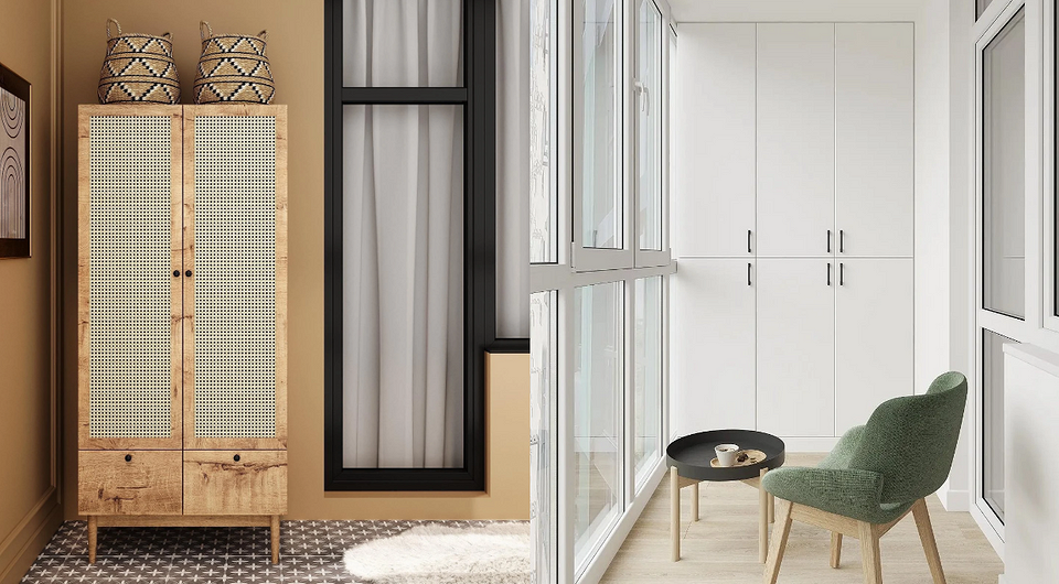 Затишний балкон 2026 з вбудованою шафою для зберігання речей та відпочинку.