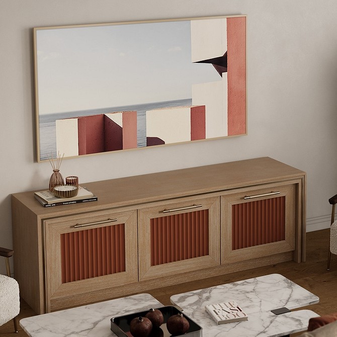 Сучасна низька тумба під телевізор у гармонійному інтер'єрі вітальні 2026.