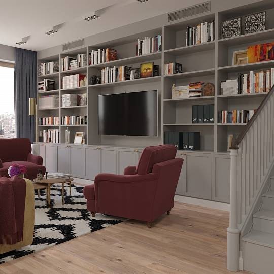 Вбудовані TV-рішення Сучасна вітальня з телевізором: вбудовані меблі та стильний дизайн інтер'єру.