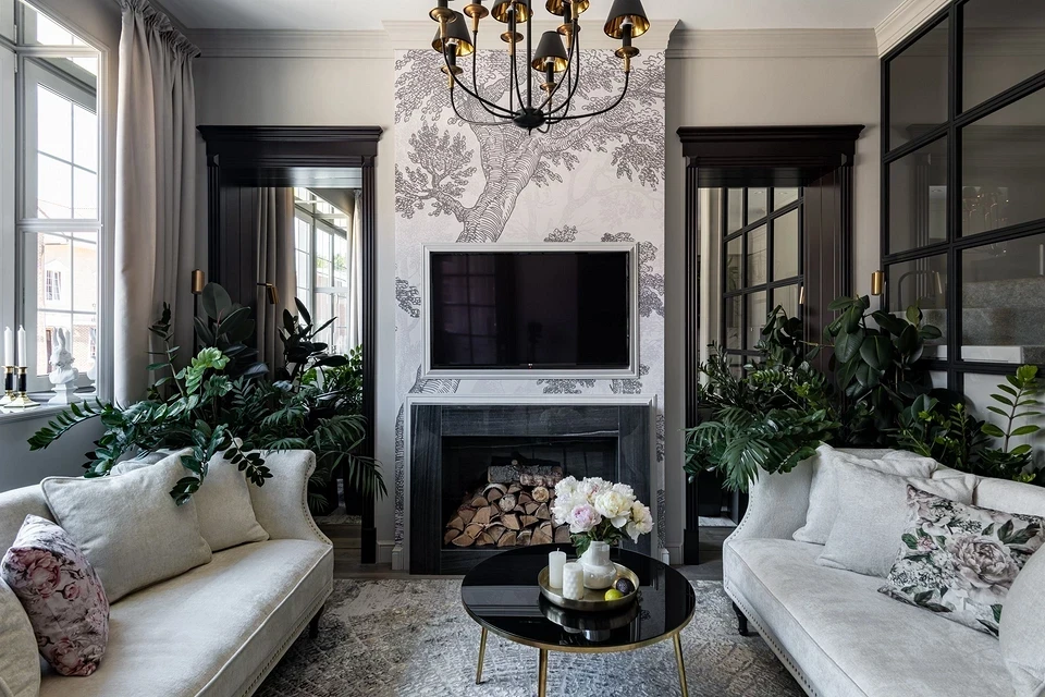 Тумба під телевізор з глянцевими фасадами для сучасної вітальні.