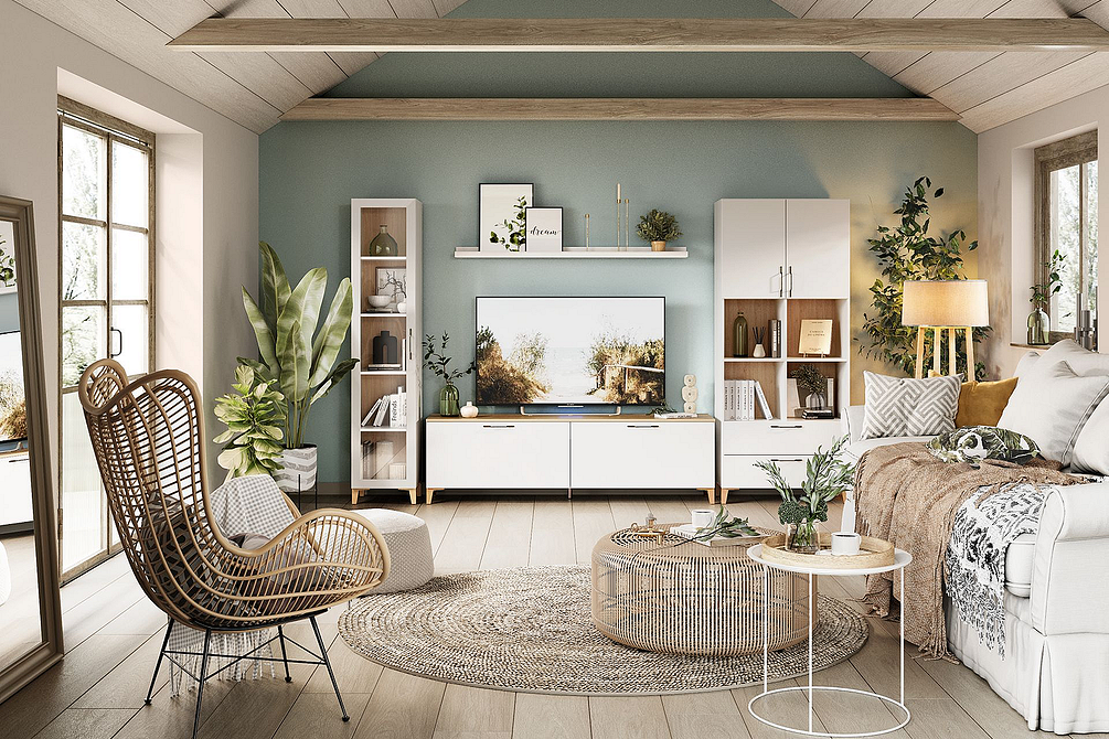 Оригінальна тумба під телевізор з незвичайним дизайном для стильної вітальні.