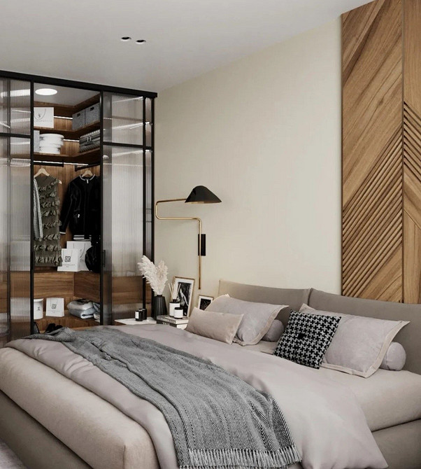 Містка шафа-купе з різними секціями для одягу в спальні 2026.