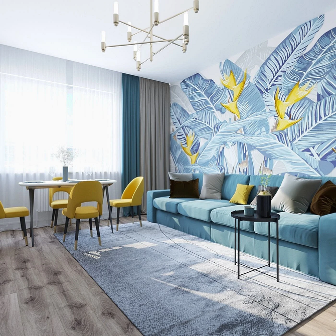 Стильний синій диван: поєднання з жовтими акцентами в сучасному дизайні інтер'єру.