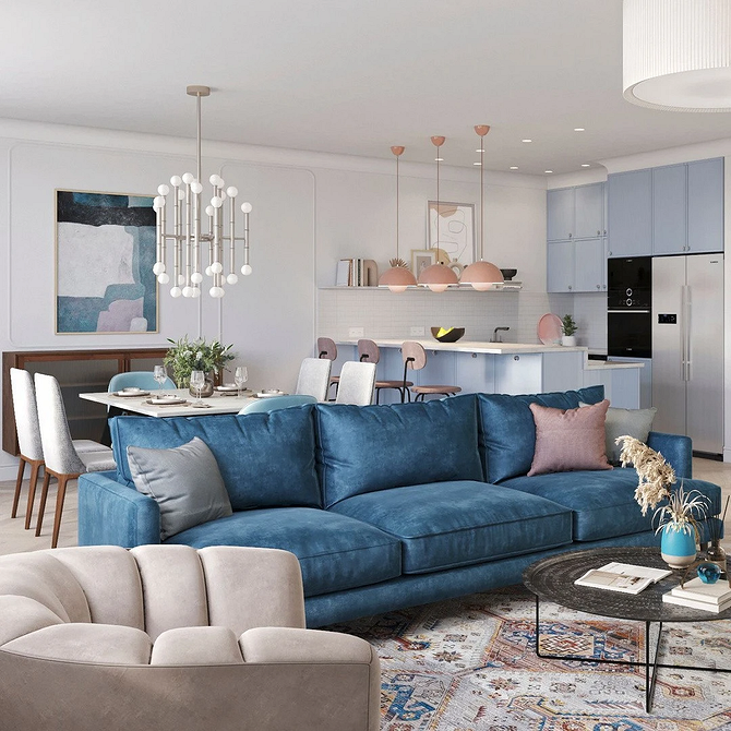 Мінімалізм і синій диван Кольори для синього дивана: вітальня в сірих тонах, сучасний мінімалізм