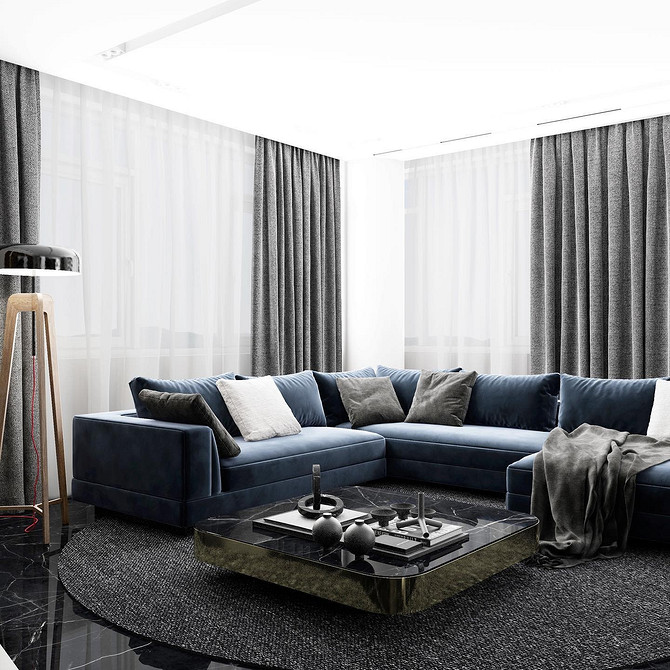 Інтер'єр: синій акцент Сучасний інтер'єр 2026: синій диван у поєднанні з нейтральними відтінками стін та дерев'яними елементами