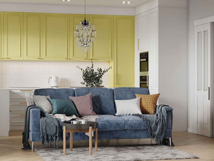 Дизайн вітальні 2026 Світла вітальня з синім диваном, поєднання кольорів 2026, сучасний дизайн