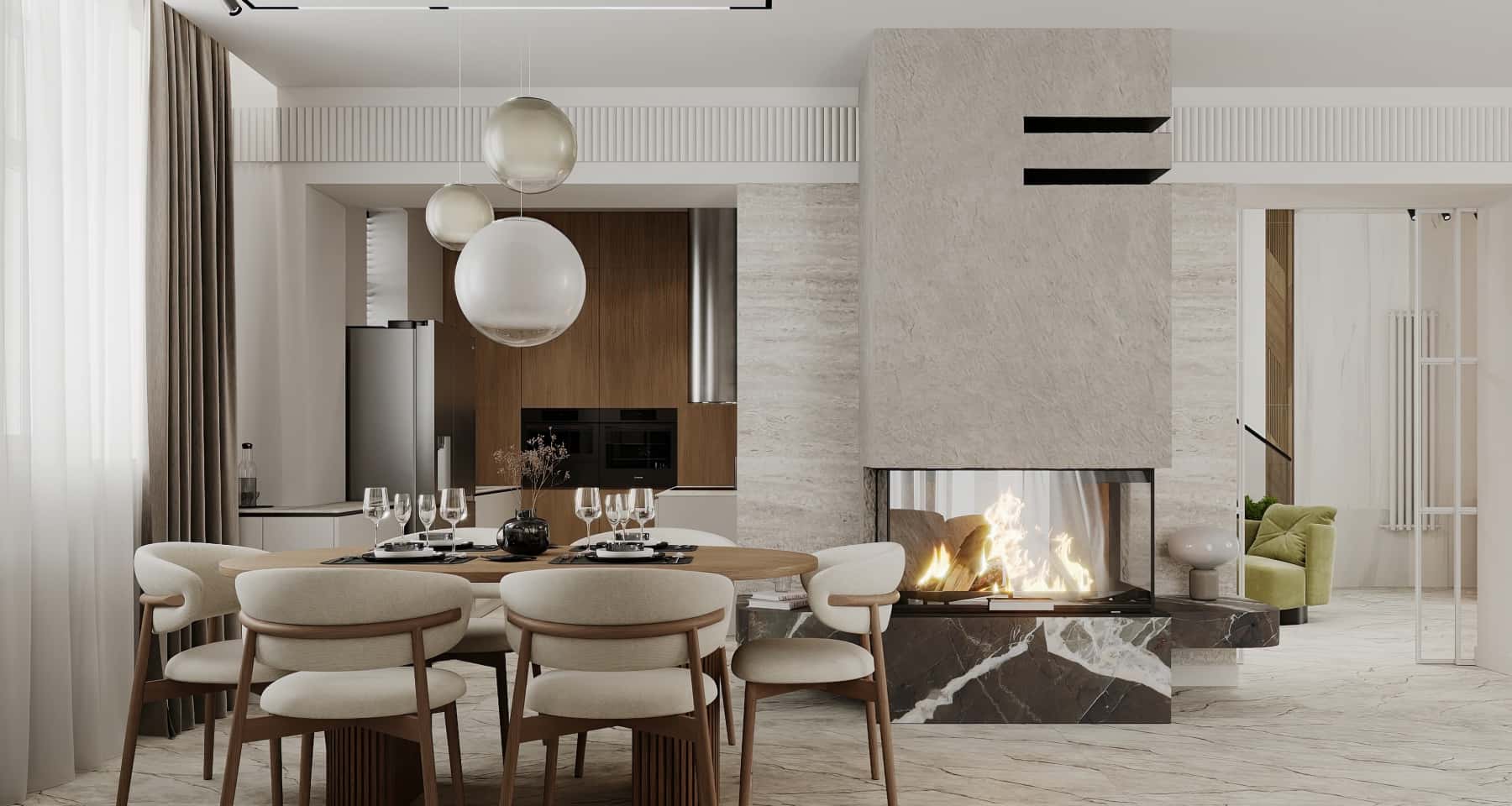 Сучасний дизайн інтер'єру з елементами мінімалізму та використанням коричневої палітри.