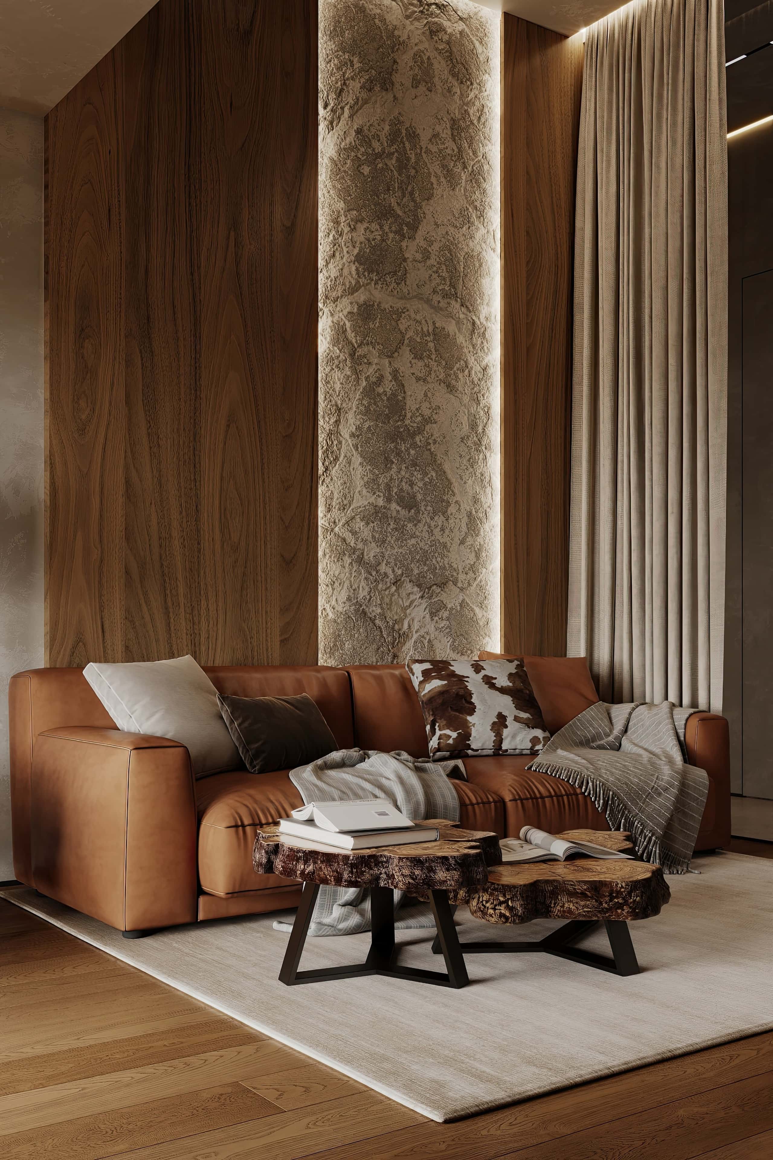 Сучасний дизайн будинку: поєднання дерева, каменю та текстилю для тактильного інтер'єру.