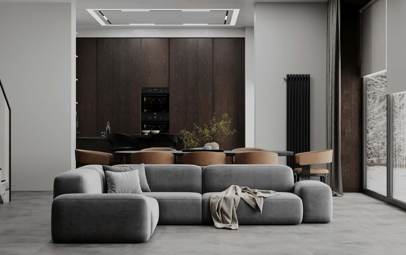 Сучасний дизайн з використанням природних матеріалів: дерево, камінь, льон у світлому інтер'єрі.