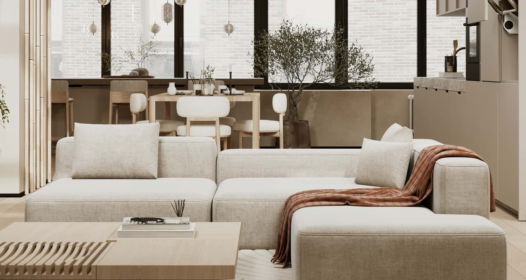 Інтер'єр квартири в стилі джапанді з дерев'яними акцентами та мінімалістичним декором.