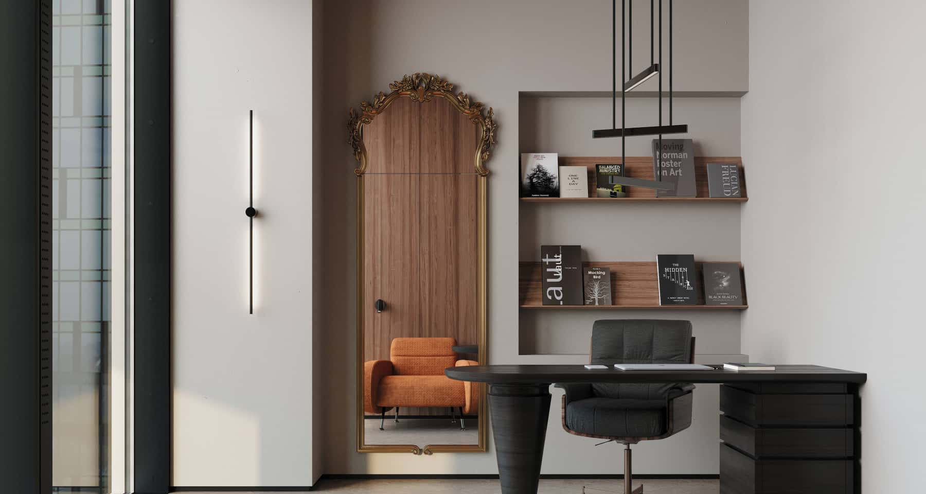 Спальня в стилі джапанді з низьким ліжком, дерев'яною тумбочкою та спокійним декором.