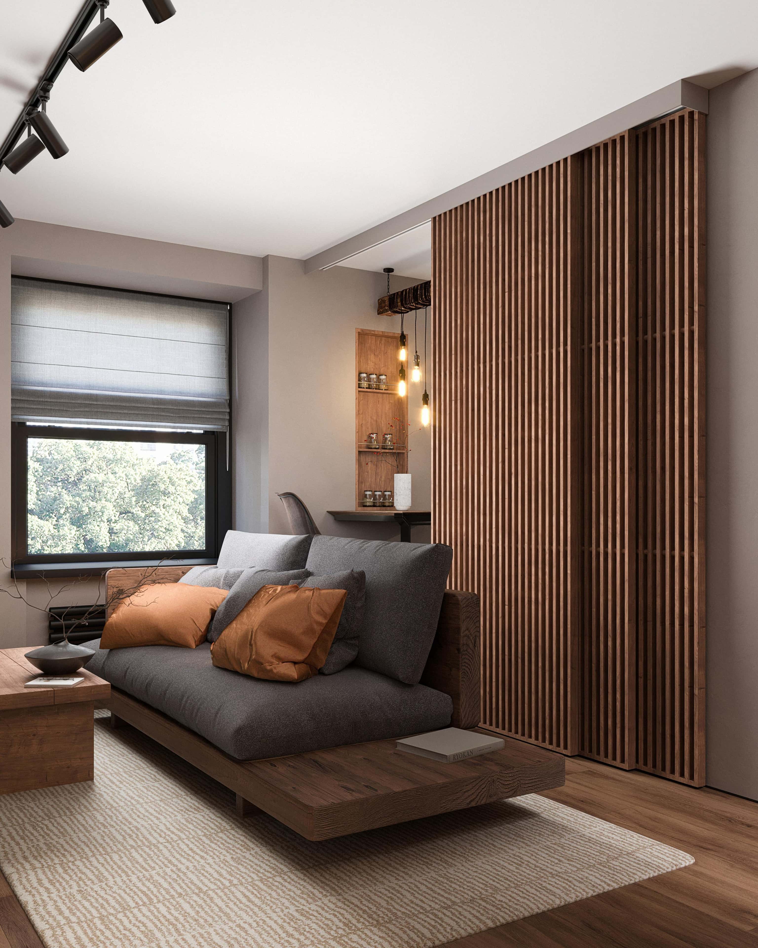 Дизайн квартири в стилі джапанді з використанням термодеревини та мінімалізму